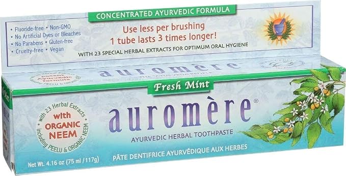 Auromere Ayurvedic Herbal Toothpaste, Fresh Mint - Vegan, Natural, Non GMO, Flouride Free, Gluten Free, with Neem & Peelu (4.16 oz), 10 Pack