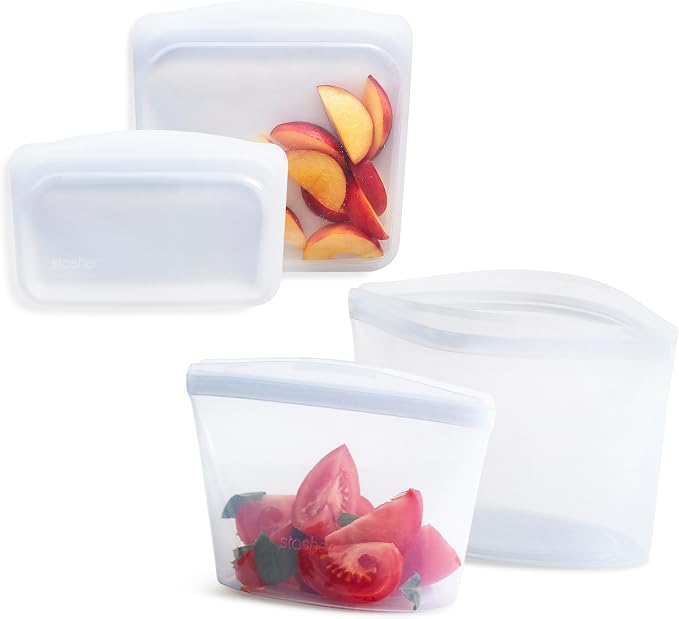 Stasher Premium Reusable Silicone Food Storage Bags, 4-Pack, Clear | Food-Safe Silicone, Eco-Friendly, Reusable Freezer Bags, Microwave, Dishwasher, Oven, Snack Bags, Lunch Containers, Meal Prep