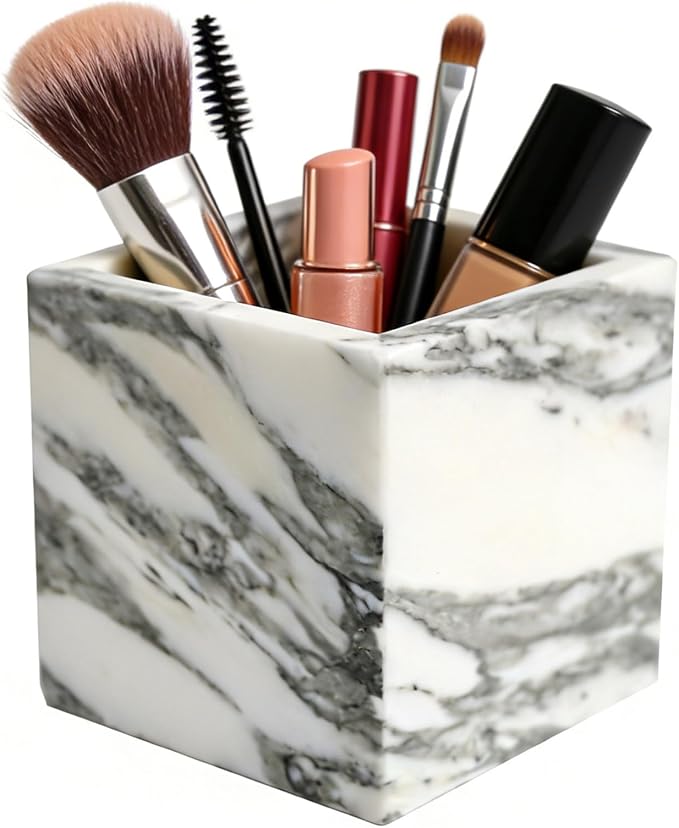 Natural Marble Makeup Brush Holder for Vanity, Toothbrush Holder for Bathroom, Luxurious Countertop Organizer, Arabescato White Bathroom Accessories