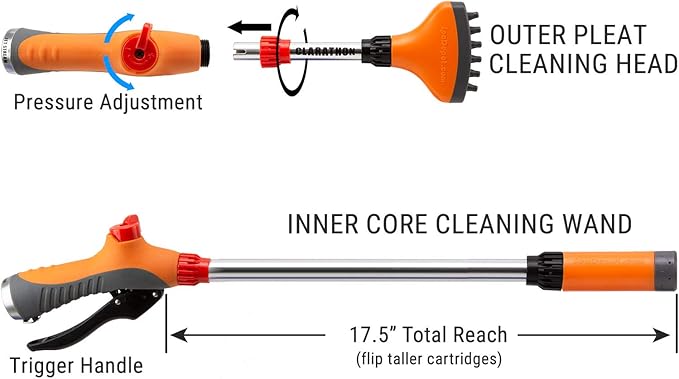 Clarathon Jet Stream Spa & Pool Filter Cleaner Dual Tool Set with Fan Spray Head for Outer Pleats + Long-Reach 360° Cartridge Core Cleaning Wand