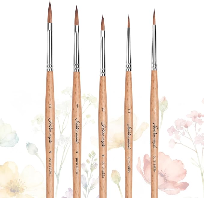Golden Maple Kolinsky Sable Miniature Paint Brushes, 5PC Professional Detail Paint Brushes Arrow Point Paint Brush Set for Models, Watercolor Details, Figures & Gouache Painting, Wood Color