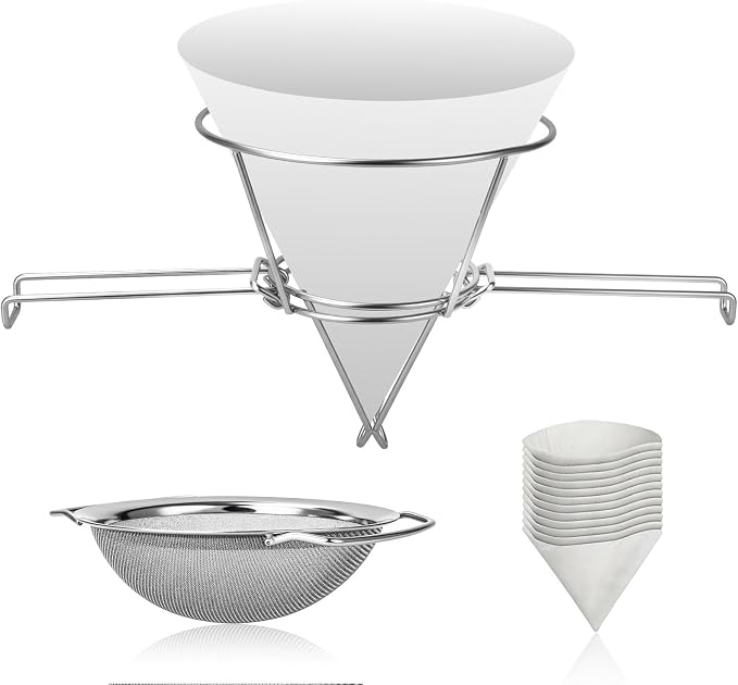 10 Inch Maple Syrup Filter Kit – 10 Pack Non-Woven Filter Papers – 304 Stainless Steel Mesh Strainer, 2-Layer Filtration System, Multi-Purpose Daily Filtration