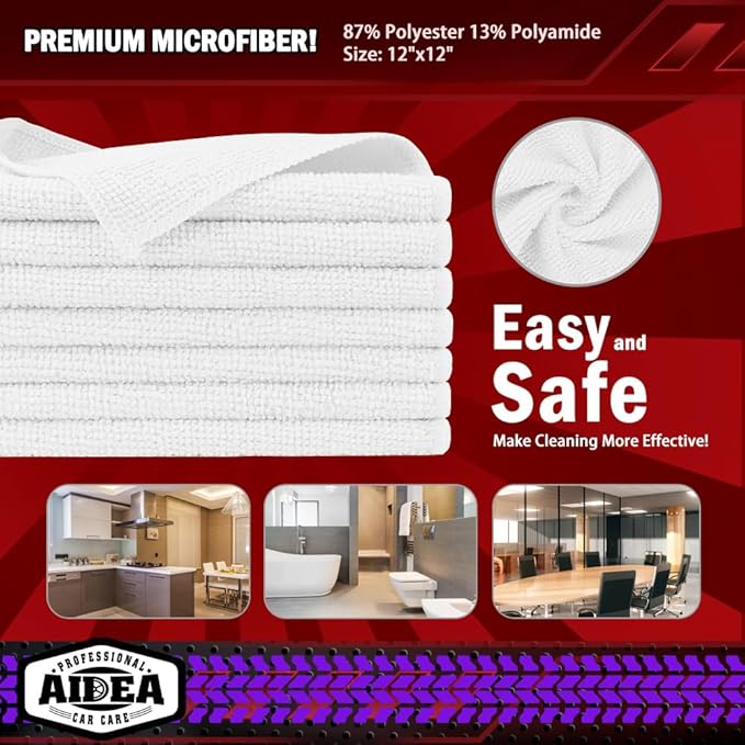 AIDEA Microfiber Cleaning Cloth White, 800PK, Microfiber Towels for Cars, Shop Towels Cleaning Rags, Premium Wash Cloths, Absorbent Towel for SUVs, House, Kitchen, Commercial, Cleaning Supplies 12×12"