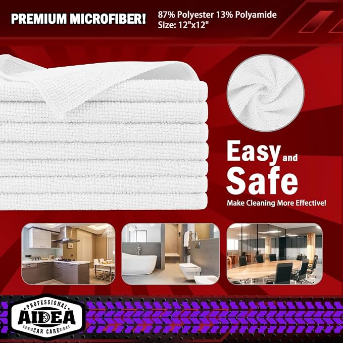 AIDEA Microfiber Cleaning Cloth White, 400PK, Shop Towels 12×12" | Microfiber Towels for Cars, Cleaning Rags, Absorbent Towel for SUVs, House, Kitchen, Commercial, Cleaning Supplies