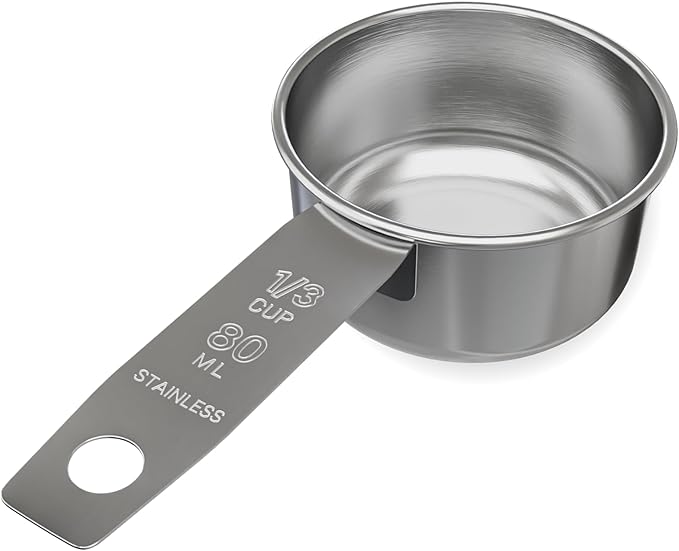 1/3 Cup Stainless Steel Measuring Cup | Sturdy Metal 80 ml | 80 cc | 3 oz | Single Cup for Wet and Dry Ingredients | Great for use as 1/3 Cup Dog Food Scoop - 1 PK