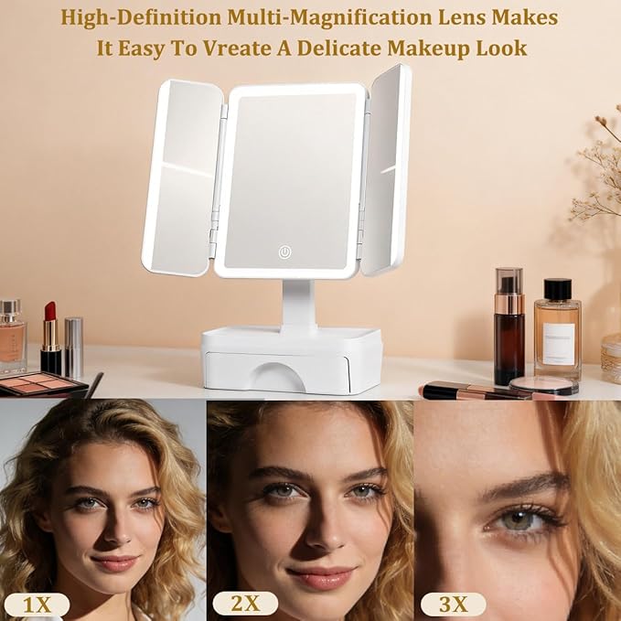 Tri Fold Lighted Makeup Mirror with Storage & 3X Magnification, Small Vanity Mirror, 3-Color Dimmable LED Vanity Mirror, Touch Control Vanity Mirrors, Travel Makeup Mirror for Women (White)
