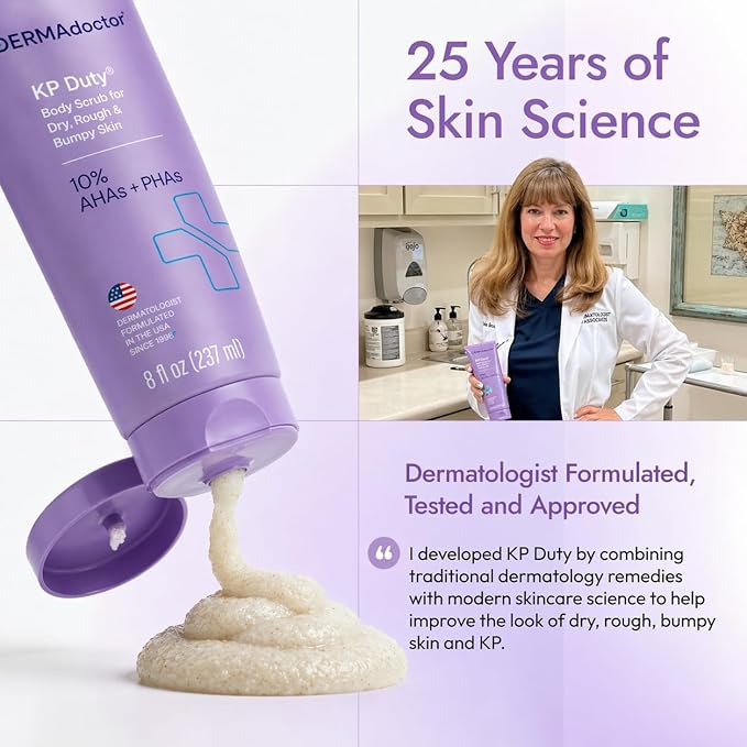 DERMAdoctor KP Bump Eraser Body Scrub with 10% AHAs + PHAs for Keratosis Pilaris, Dry, Rough, and Bumpy Skin, Dermatologist Formulated Exfoliating Body Scrub with Glycolic and Lactic acids - 8 Fl oz