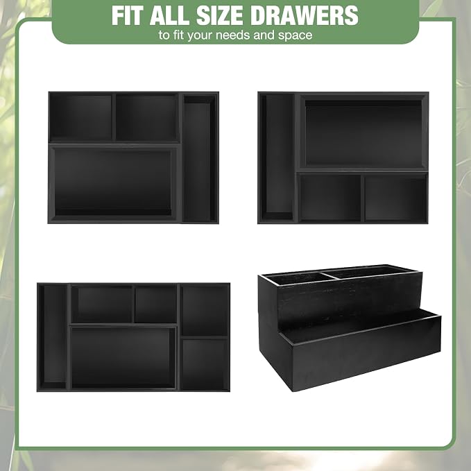 Bamboo Drawer Organizer,5 PCS Black Silverware Tray&Desk Organizers and Storage,Cabinet Divider With Removable Bathroom Organization for Kitchen,Utensils,Junk,Office,Makeup