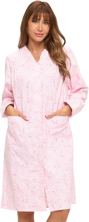 Casual Nights Women's Floral Snap Front Flannel Duster Long Sleeve Lounger Dress