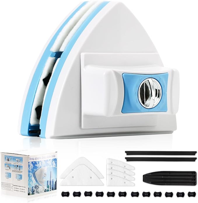 Double-Sided Magnetic Window Cleaner - Adjustable Magnetic Equipment Cleaning Brush Tool，Fits 3 - 30 mm Glass Thickness, 2.5m Safety Rope for High-Rise & Auto Glass, Safe Anti-Pinch Wiper (Blue)