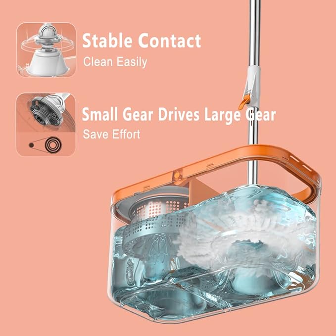 61" Spin Mop and Bucket Set,Wringer System for Cleaning,with 5 Refill Heads | Hands-Free Wringing with1 Brush,Stainless Steel Handle,Suitable for Tile Hardwood Laminate Floors,Easy Dirt Removal