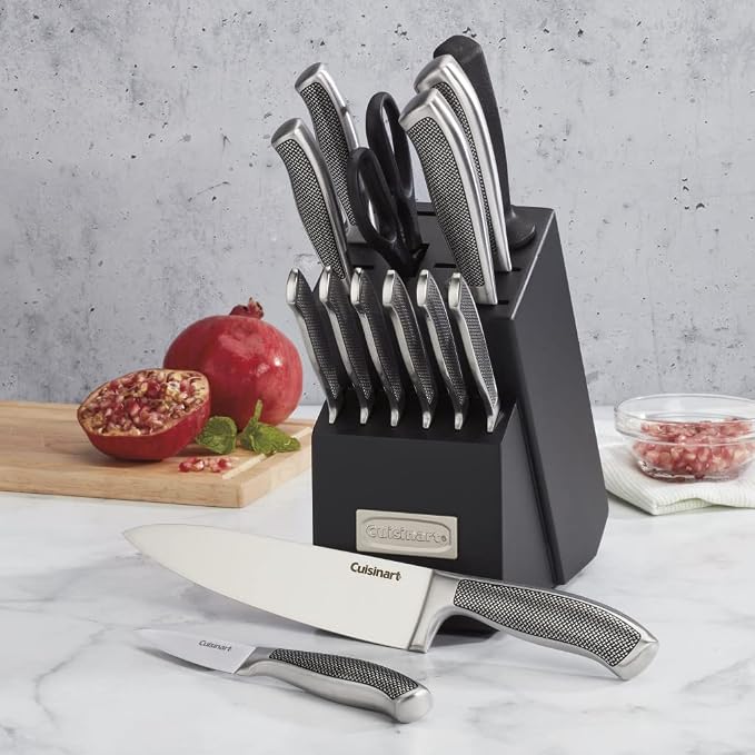 CUISINART Block Knife Set, 15pc Cutlery Knife Set with Steel Blades for Precise Cutting, Lightweight, Stainless Steel, Durable & Dishwasher Safe,C77SS-15P