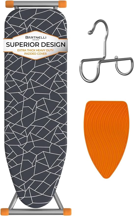 Bartnelli Compact Ironing Board, 13x43 Space-Saving Steel Foldable Iron Board, 4 Layer Cotton Cover, Adjustable Height, Bonus Hanger and Silicone Iron Pad