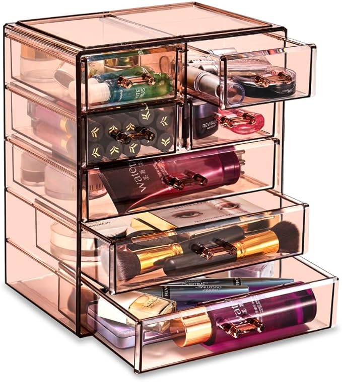 Sorbus Acrylic Makeup Organizer Set, 7-Drawer Vanity & Countertop Cosmetic Storage with Small & Wide Drawers, Bronze Glow Makeup Storage for Brushes, Lipsticks, Jewelry, Holiday Gift for Women & Teens