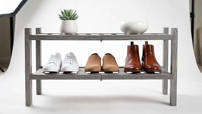 2-Tier Acacia Wood Stackable Shoe Rack - Brush Grey