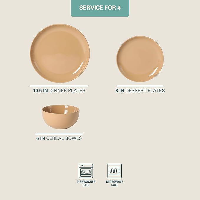 Gibson Home Rockaway 12-Piece Round Stoneware Dinnerware Set, Service for 4 – Beige Plates and Bowls, Modern Matte Finish, Microwave & Dishwasher Safe