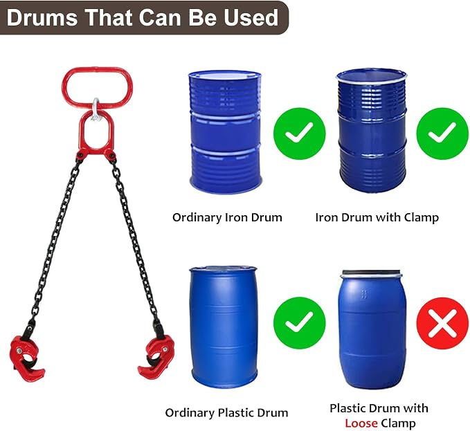 Updated Chain Slings Lifting Clamp, Drum Lifter Handling Equipment with 2 Leg Grab Hooks, Barrel Lifting Tongs for Engine Hoist/Forklift