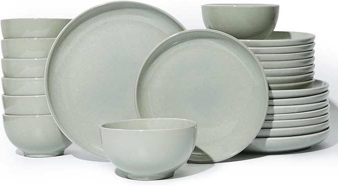 Pokini 24 Piece Dinnerware Set for 8, Santorini Mist Terracotta Plates and Bowls Sets, Complete Stoneware Dish Set for Large Families and Entertaining, Microwave & Dishwasher Safe, Slate Green