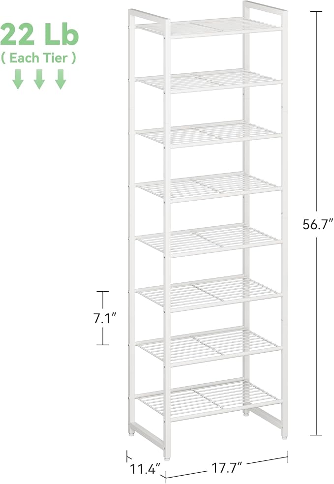 Nunsino Narrow Shoe Rack, 8-Tier Metal Shoe Organizer,Tall Shoe Shelf with Anti-Tip Strap, Max Holds 18 Pairs,Space Saving for Closet,Entryway,White