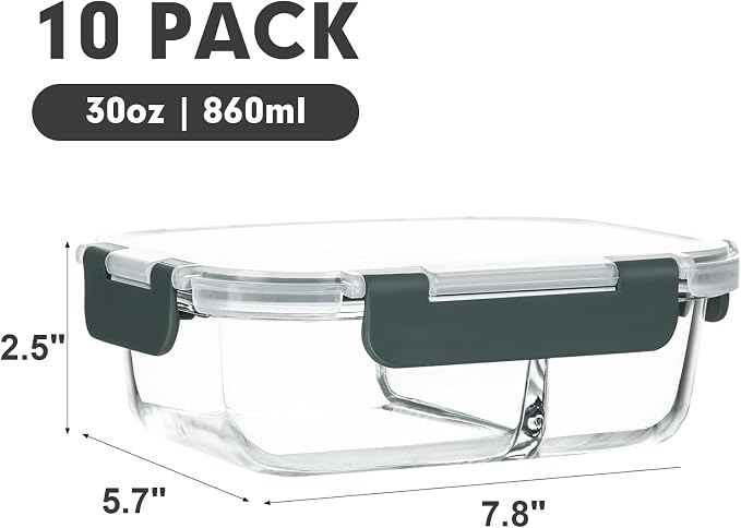 M MCIRCO 10-Pack,30 Oz Glass Meal Prep Containers 2 Compartments Airtight Lunch Bento Boxes with Lids, Glass Food Storage Containers, Microwave, Oven, Freezer, Dishwasher