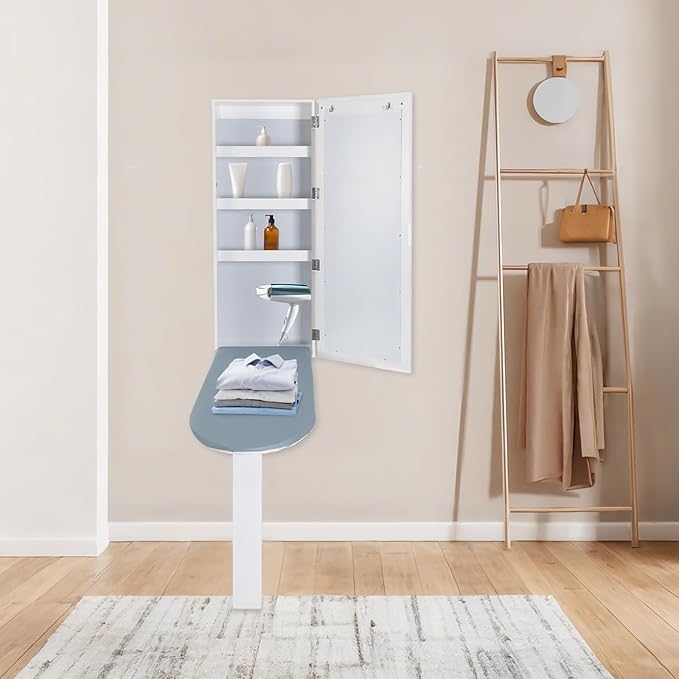 Wall Ironing Board Cabinet Built-in 35" L Ironing Board Fold Down Ironing Board Cabinet with Storage Cabinet, Mirrors, Support Table for Home Apartment, White 14" L x 6.9" W x 37.4" H