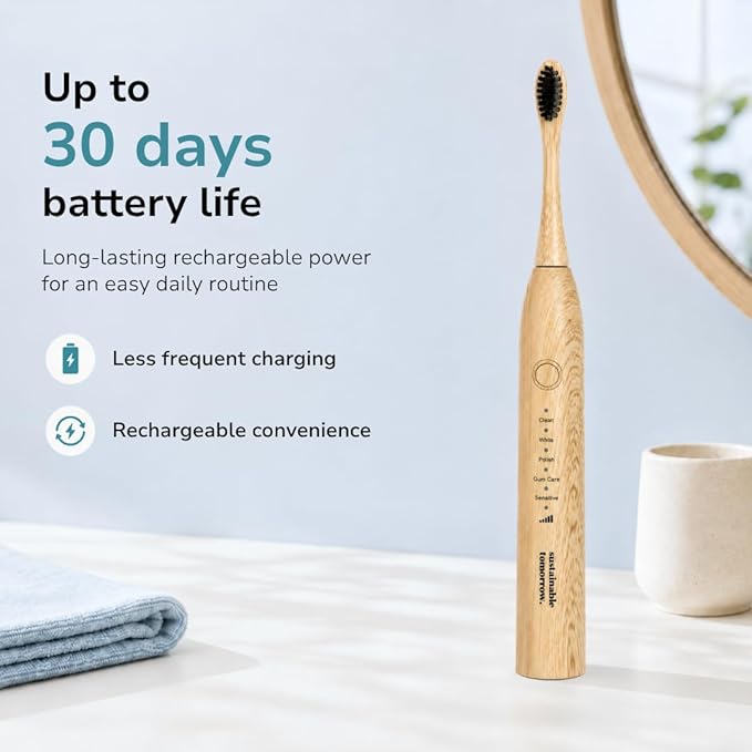 Sustainable Tomorrow Zen Bamboo Electric Toothbrush, Durable Wood-Grain ABS Handle, Rechargeable w/Plant-Based Soft Bristles, Bamboo Heads, 5 Modes & 30-Day Battery
