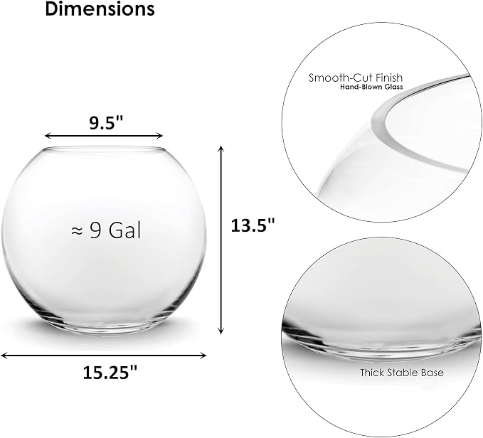 CYS EXCEL Large Glass Bubble Bowl (H-13.5" W-15.5", Approx. 7.4 Gal.) Round Bowl Terrarium Globe Flower Vase Centerpiece for Weddings Events Arrangements