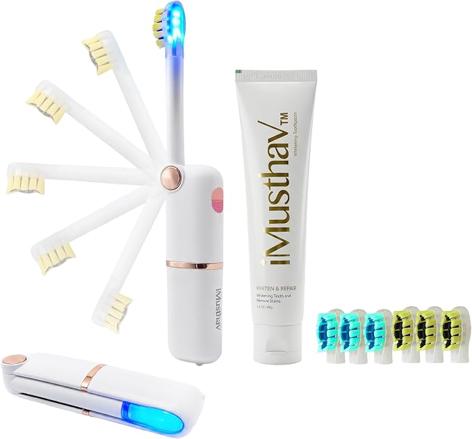 Foldable Travel Electric Toothbrush, Self Cleaning Toothbrush | Battery Operated, Blue LED Light, Whitening Toothpaste, 3 Sonic Modes with Smart Timer, 6 Replacement Brush Heads