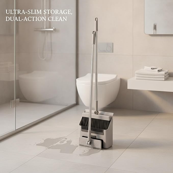 Foldable Broom and Dustpan Set with Squeegee, Stainless Steel Handle Cleaning Tool for Debris and Spills, Compact Storage for Bathroom and Kitchen
