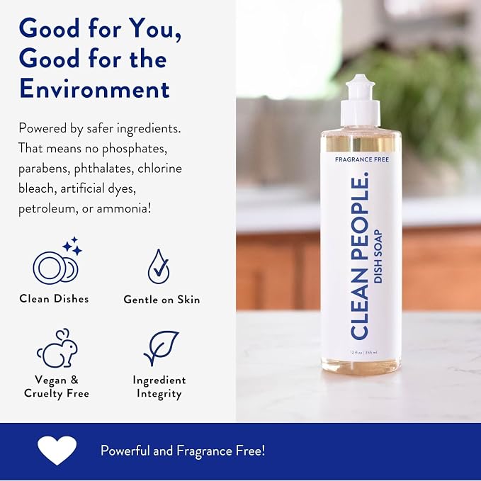 THE CLEAN PEOPLE Liquid Dish Soap - Clean, Simple Ingredients - Extra Scrubbing Power (Fragrance Free) 12 fl. oz (3 Pack)