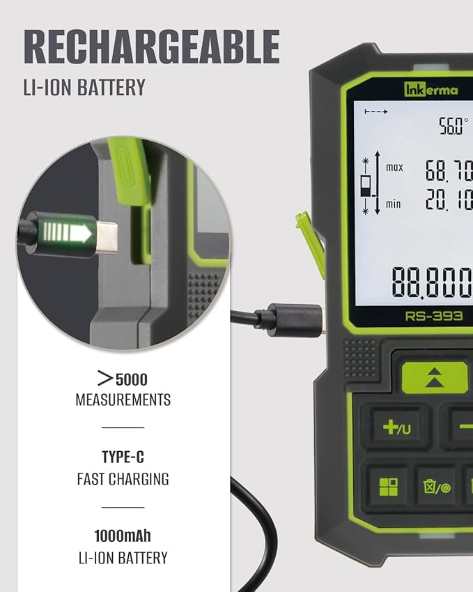 Inkerma Dual Laser Measurement Tool, 393Ft/120M Bilateral Laser Distance Meter, Rechargeable Laser Measure with Ft/in/M Multiple Units, Angle Sensor, Pythagorean Mode, Area and Volume