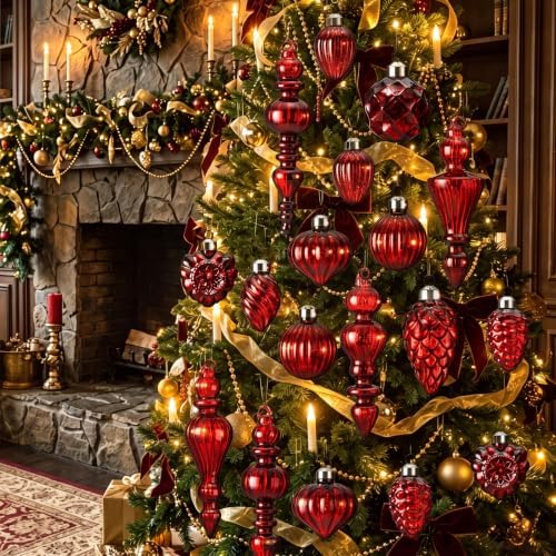 Vercraft 20 Pcs Vintage Mercury Glass Finial Christmas Ornaments, Burgundy