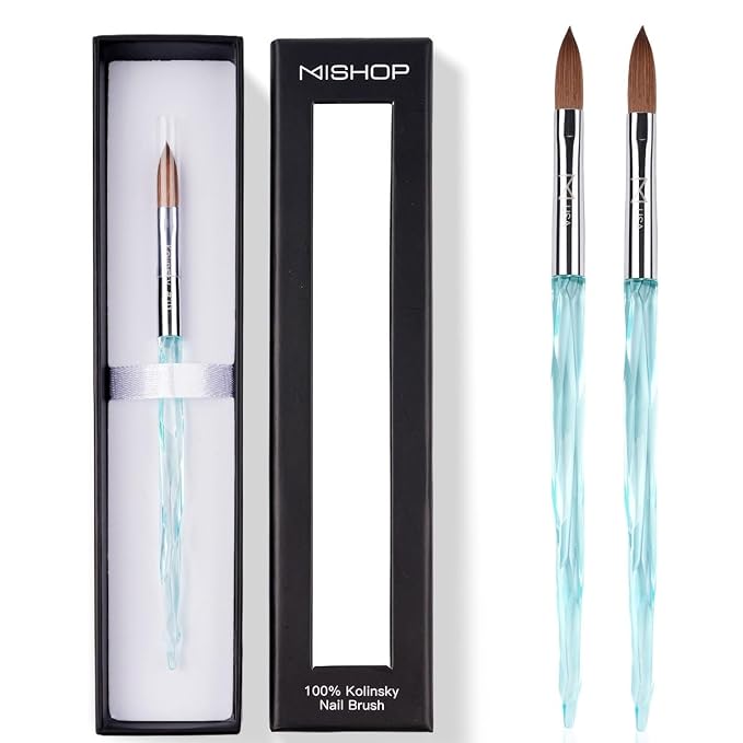M ProK 100% Kolinsky Acrylic Nail Brush – Professional Nail Brush for Acrylic Application with Crystal Blue Handle – Handcrafted Salon Quality Tool (Size #14)