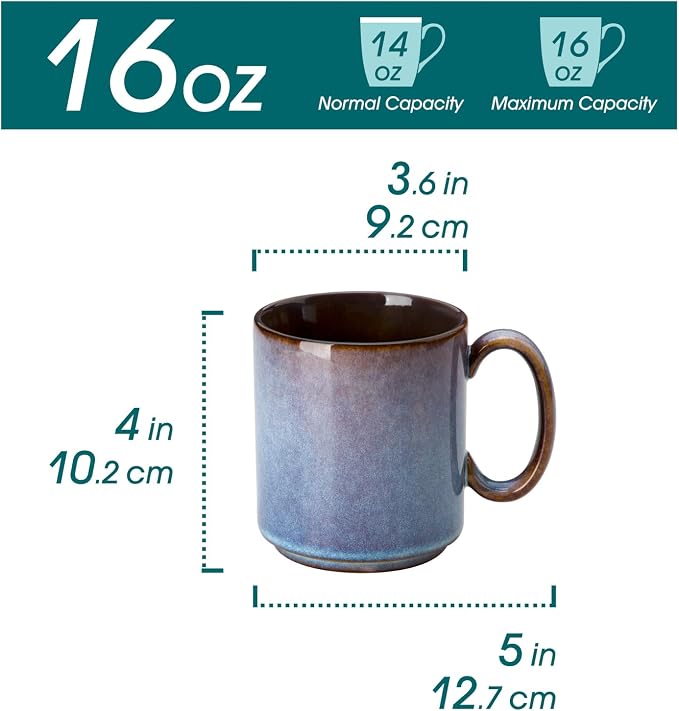 vancasso ONION Ceramic Coffee Mugs Set of 6, 16 Oz Coffee Cups for Latte, Cappuccino, Tea & Hot Cocoa, Artisan Modern Style for Coffee Bar, Home & Kitchen, Microwave & Dishwasher Safe, Deep Blue Gray