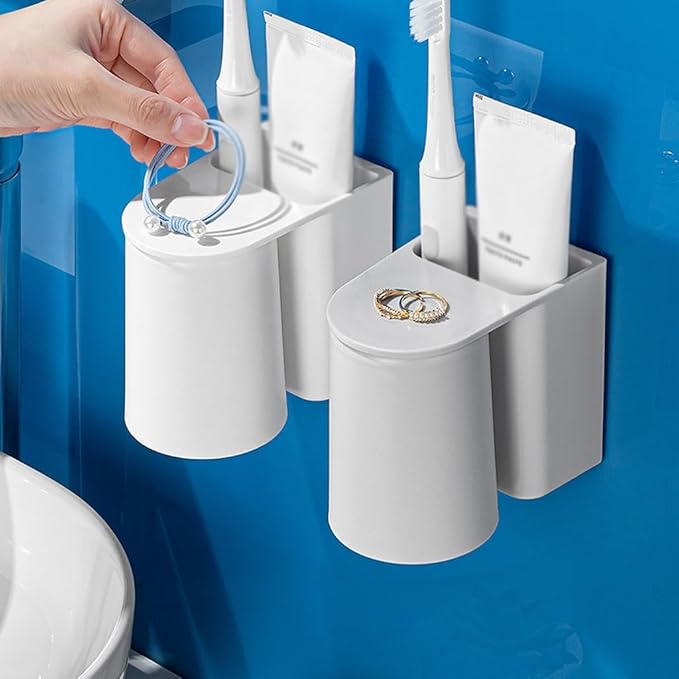 Toothbrush Rack Wall-mounted Toothbrush Holder White Toothpaste Holder Hanging Storage Rack Space Saving with Magnetic Cup Bathroom Toothbrush Holder, S12cm
