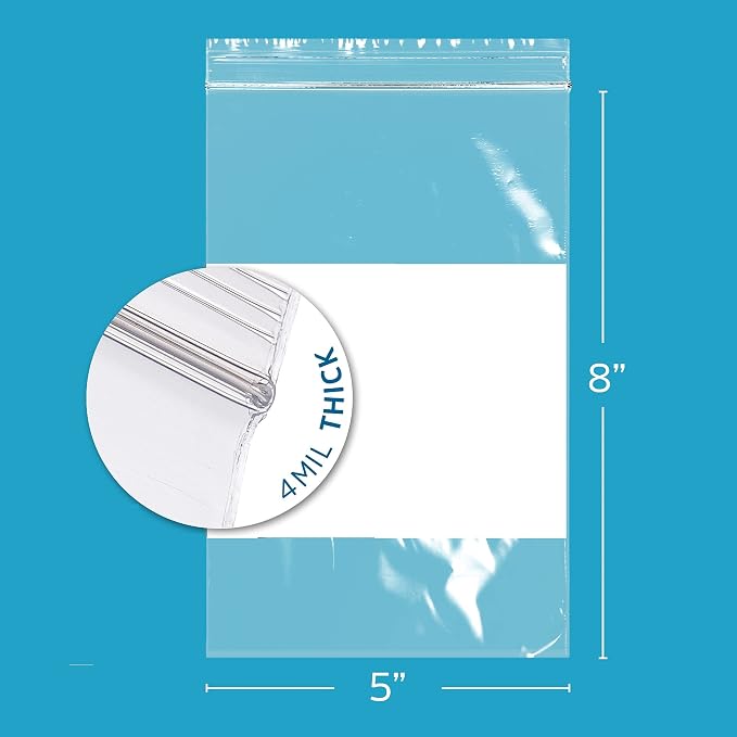 GPI - 5" x 8" - Bulk Pack of 1000, 4 Mil Thick, Heavy Duty, Clear Plastic Reclosable Zip Bags, With Write-on White Block for Labeling, Strong & Durable Poly Baggies With Resealable Zipper Top Lock.