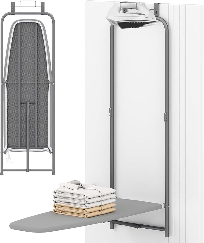 COSTWAY Over the Door Ironing Board, Space-Saving Metal Hanging Iron Board | Iron Holder & Cotton Cover, Compact Fold Down Iron Stand for Home, Apartment, Laundry Room, Dorm, 42"L x 17"W x 50"H