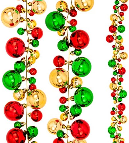 Whaline Christmas Ball Garland Ball Ornament 6ft Bauble Garland Christmas Tree Ball Decoration Shatterproof Ball Ornaments for Xmas Party Supplies, Indoor Outdoor Home Office, Red Green Gold