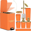 XLHOMO Bathroom Accessories 8 Piece Orange and Gold Bathroom Set, Bath Accessories with Stainless Steel Trash Can,Toilet Brush,Toothbrush Set,Soap Dispenser