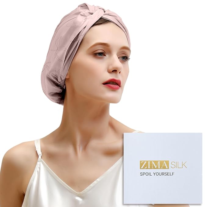 ZIMASILK 22 Momme 100% Mulberry Silk Bonnet for Sleeping & Women Hair Care, Highest Grade 6A Silk Hair wrap for Sleeping with Premium Elastic Stay On Head (1Pc, Pink - Fruit Line Art)