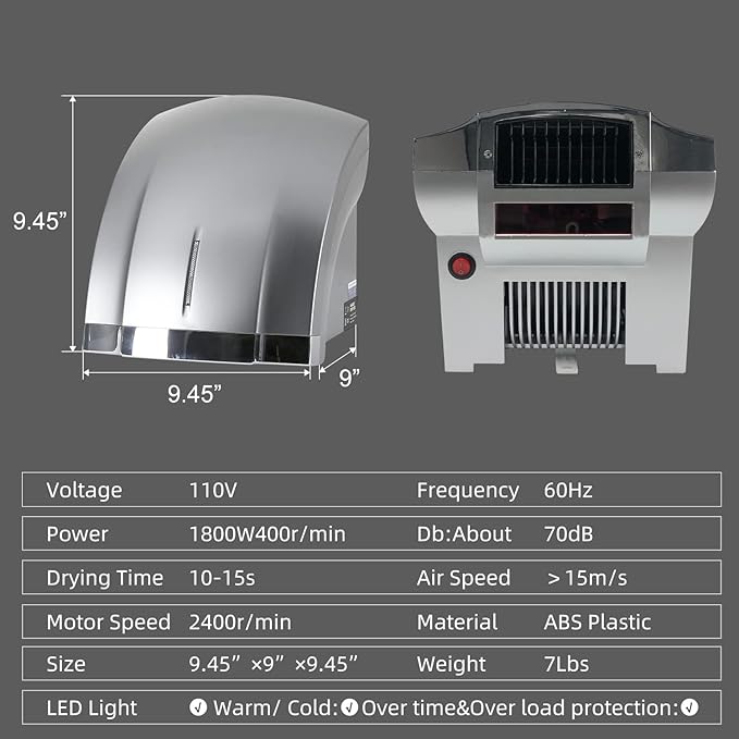 Hand Dryer Commercial and Home Bathroom - High Speed Electric Hand Dryer, Quiet 15s Fast Dry, Wall Mounted Plug-in Automatic Dryer, CE Certified Portable ABS