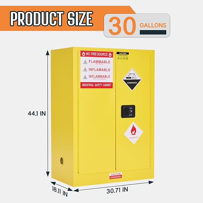 SPECRAFT 30-Gallon Flammable Safety Cabinet | 44 x 31 x 18 In, Cold-Rolled Steel, Adjustable Shelving, OSHA and CE Certified, for Industrial, Commercial and Lab Use