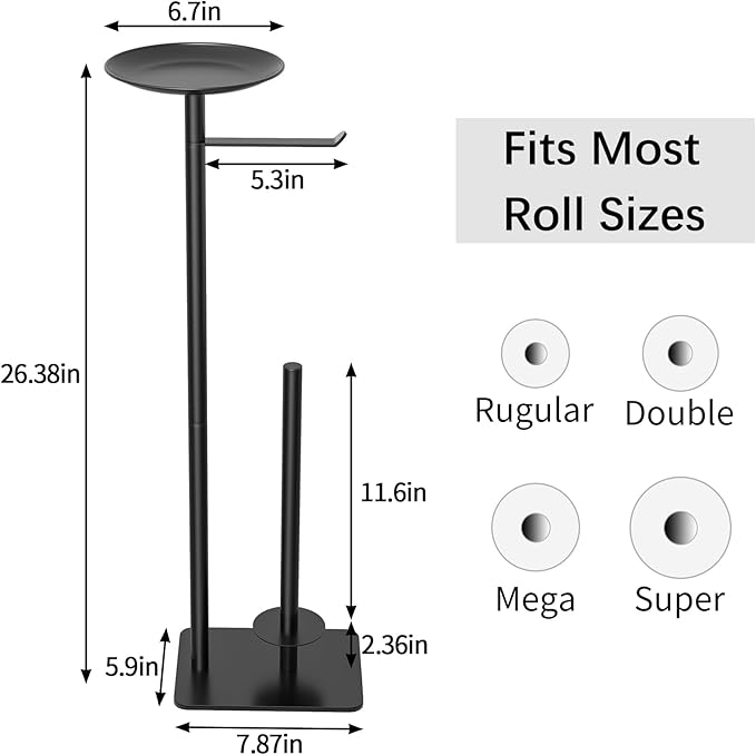FEILERN Toilet Paper Holder Stand for Bathroom Floor Standing Toilet Roll Dispenser Storages 4 Reserve Rolls, with Top Storage Shelf for Cell Phones, Wipe, Wallet and More(Black)