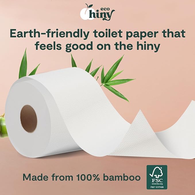 ecoHiny Premium & Soft Bamboo Toilet Paper | PFAS Free | 12 Mega Rolls, 3 ply & 350 Sheets | Non Toxic, FSC Certified, Septic Safe, BPA Free | Tree Free Toilet Tissue | Plastic Free Packaging