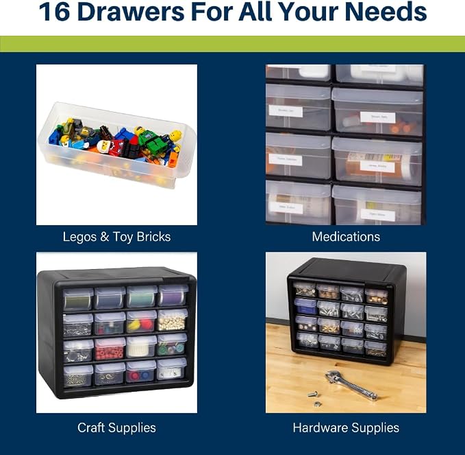 Akro-Mils 16-Drawer Plastic Drawer Storage Cabinet for Garage Organization, Beads, Makeup Organizer, Building Bricks Storage, Teacher Toolbox, 10-1/2-Inch W x 6-1/2-Inch D x 8-1/2-Inch H, 10116 White