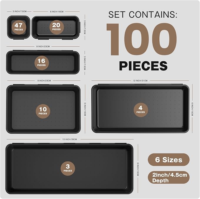 A-LuGei 【𝟲 𝗦𝗜𝗭𝗘 & 100PCS】 Tool Box Organizer Tray Set【Fits 100+ Tools】 Black Plastic Drawer Divider Desk Drawer Organizer Garage Organization for Rolling Tool Chest Cart Workbench Office Storage