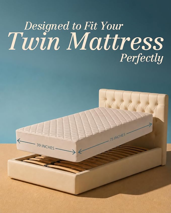 Quilted Fitted Mattress Pad, Twin Mattress Protector Topper with Deep Pocket Stretches up to 16 Inches, Machine Washable Mattress Cover by Utopia Bedding (Beige)