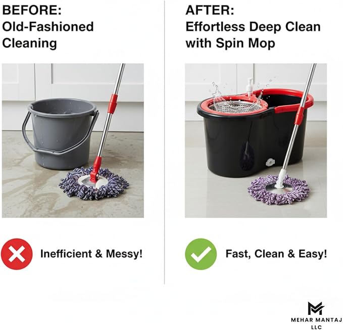 Spin Mop & Bucket Set with 2 Microfiber Mop Heads – 360° Rotating Stainless Steel Handle, Telescopic Pole (90–120cm), Hands-Free Cleaning System – Multi-Surface Floor Mop for Home & Office