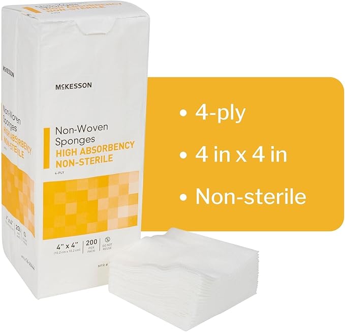 McKesson Non-Woven Sponges, Non-Sterile, 4-Ply, High Absorbency, Polyester/Rayon, 4 in x 4 in, 200 per Pack (Pack of 10)