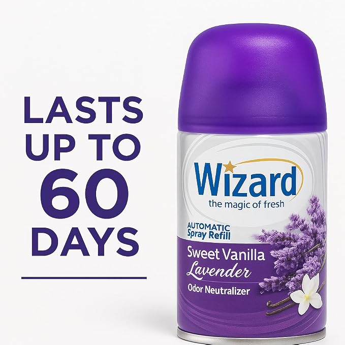 Wizard Automatic Spray Refill – Sweet Vanilla Lavender, 5 oz (12 Pack) | Compatible with Air Wick Freshmatic & Glade Dispensers | Long Lasting Odor Neutralizer for Home & Office